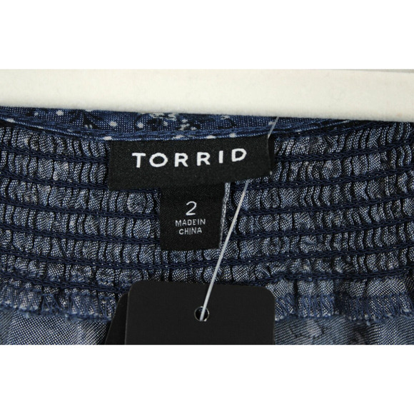 Torrid Mini Chambray Dress Women 2X Puff Short Sleeves Smocked Neck Blue Floral - Picture 8 of 12